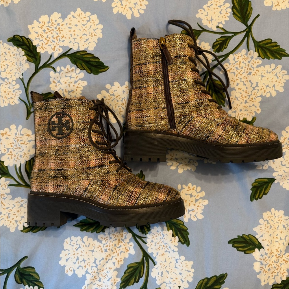 Tory Burch Miller Lug Soled Boots in Metallic Tweed